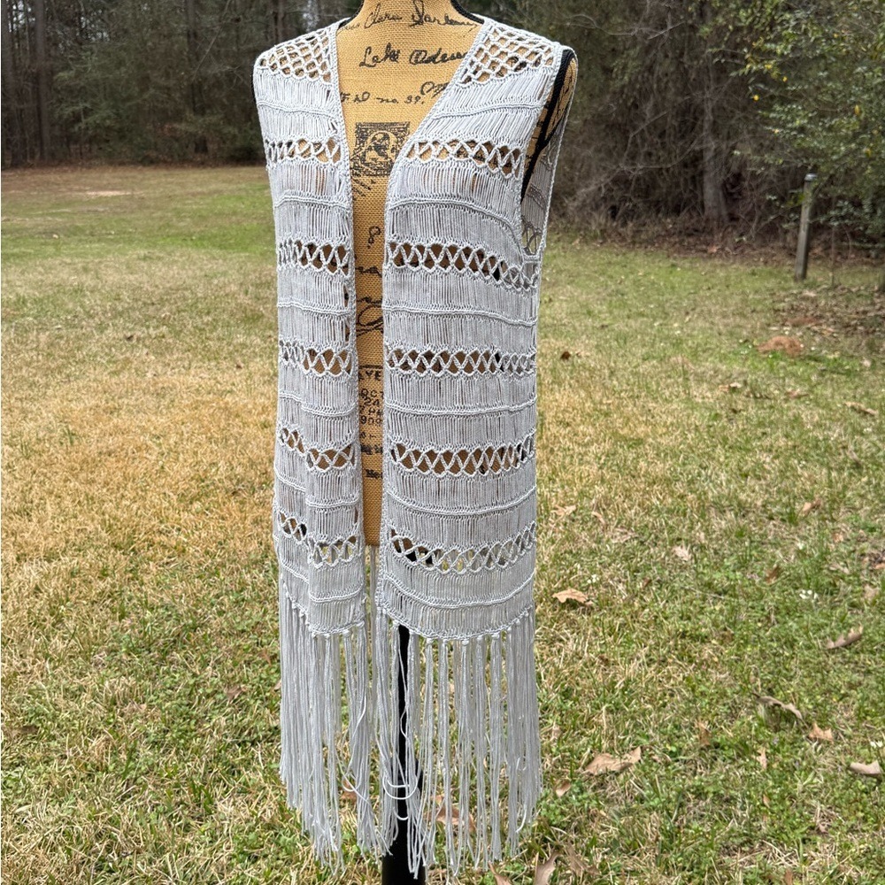 Rock & Roll Cowgirl Denim Chic Silver Fringe Open Boho Western Cardigan